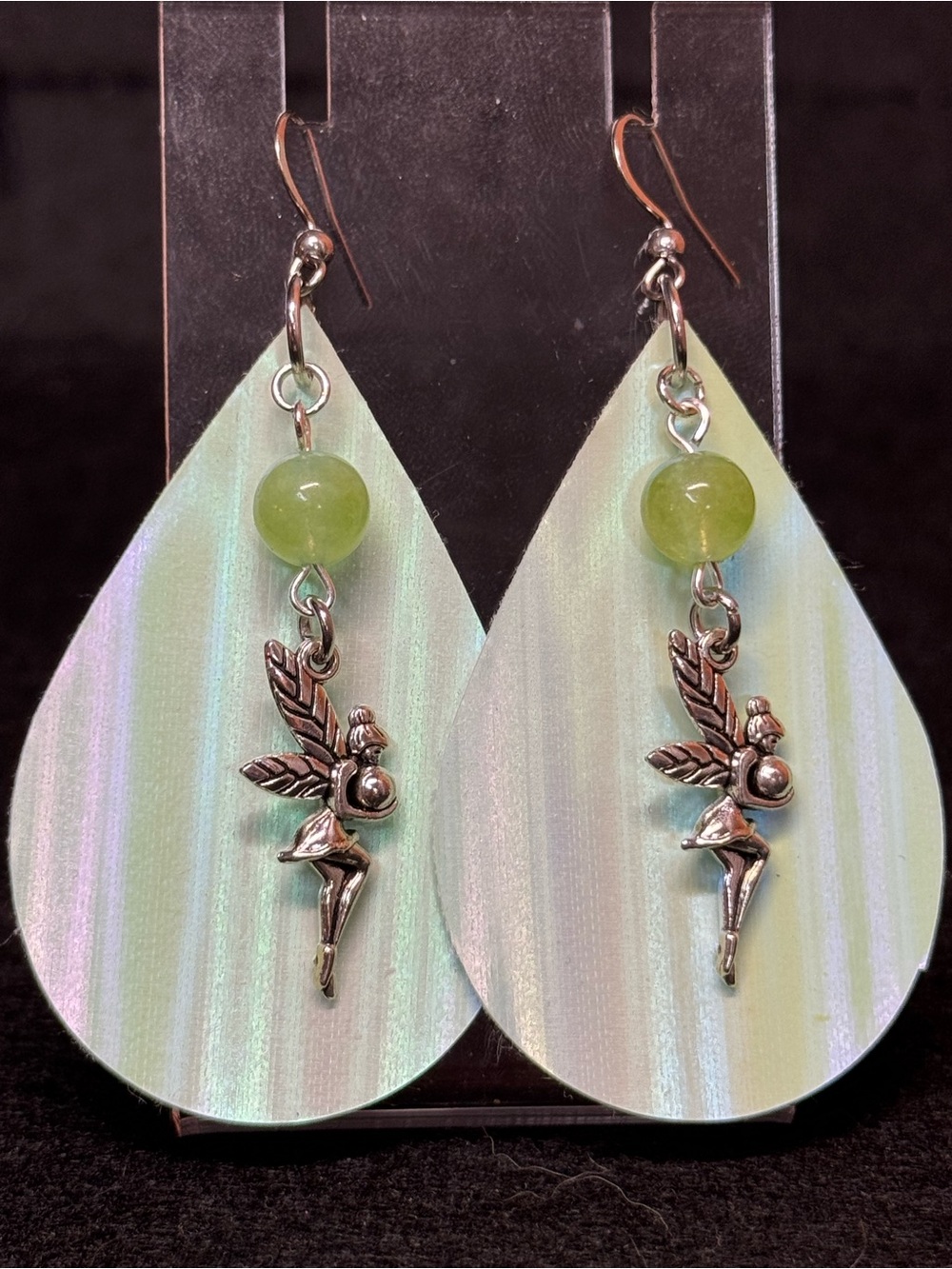 Iridescent Pale Green Faux Leather Teardrop Earrings with Silver Fairy Charms